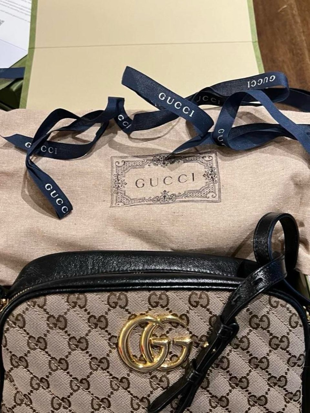 Gucci Brown/Black GG Canvas Crossbody with Gold Double G